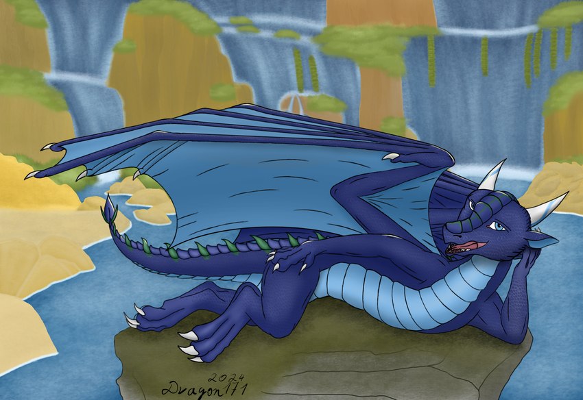 female feral grass horn lying moss on_side plant rock solo tail water waterfall wings dragon171 mythology dragon mythological_creature mythological_scalie scalie absurd_res hi_res