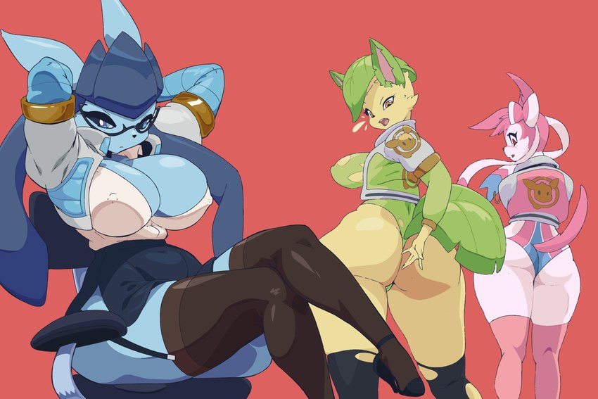 anthro big_breasts blue_body blue_fur breasts cleavage clothed clothing eyewear female fur glasses group jacket legwear nipple_outline pink_body pink_fur simple_background stockings tail tan_body tan_fur thick_thighs topwear torn_clothing torn_legwear trio white_body white_fur juzztie nintendo pokemon cheyenne_(vulfox) olsa_(vulfox) valley_(vulfox) canid eeveelution generation_4_pokemon generation_6_pokemon glaceon leafeon mammal pokemon_(species) sylveon 2024 hi_res