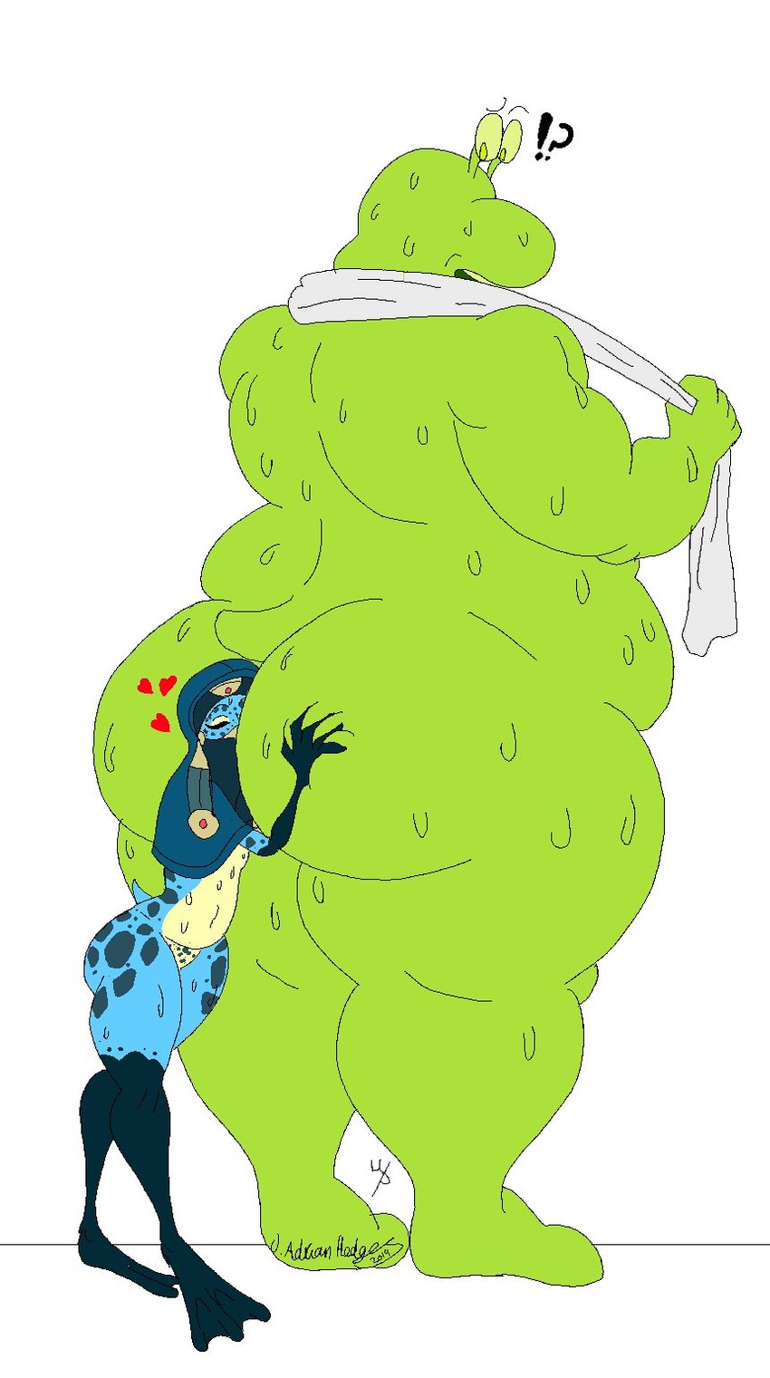 anthro big_butt blue_body blue_skin bodily_fluids butt butt_grab clothed clothing confusion covering covering_face cuddling duo eyes_closed eyestalks face_in_ass feet female green_body green_skin hand_on_butt headdress looking_back male nude open_mouth simple_background size_difference spots standing sweat sweaty_butt sweaty_legs sweaty_thighs thick_thighs towel towel_around_neck wittless-pilgrim shari_vi slug_(justmegabenewell) amphibian frog gastropod mollusk slug 2019 colored digital_drawing_(artwork) digital_media_(artwork) flat_colors hi_res watermark