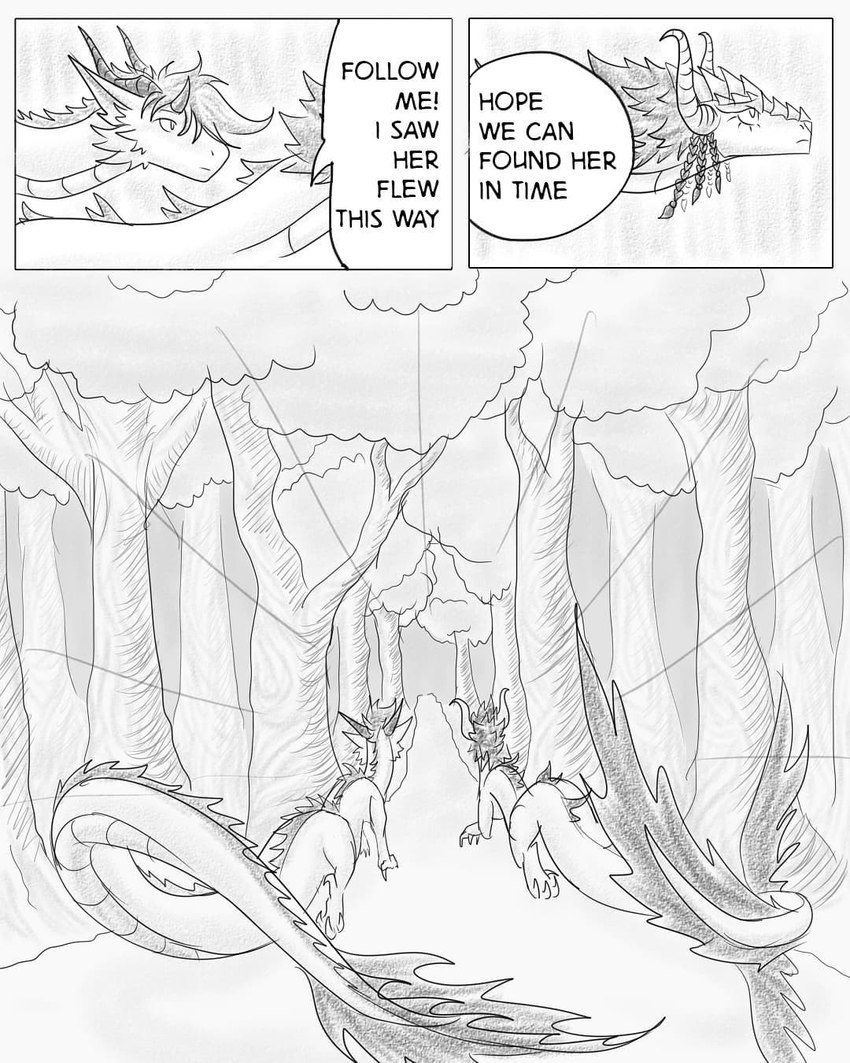 claws comic_panel command dialogue duo female feral flying forest hoping horn leaf male nature outside plant speech_bubble spikes tail talking_to_another text tree wings nuree_art asian_mythology east_asian_mythology mythology naya_(nuree_art) raiden_(nuree_art) dragon eastern_dragon mythological_creature mythological_scalie scalie 4:5 black_and_white comic english_text hi_res line_art monochrome sketch