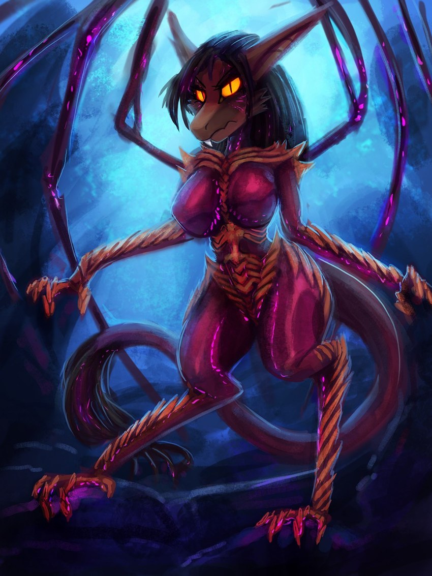 big_breasts black_hair breasts female hair looking_at_viewer nude queen royalty solo yellow_eyes general-irrelevant blizzard_entertainment out-of-placers starcraft infested_kerrigan kassen_akoll sarah_kerrigan alien flesh_creature hybrid mammal yinglet zerg 2019 3:4 hi_res