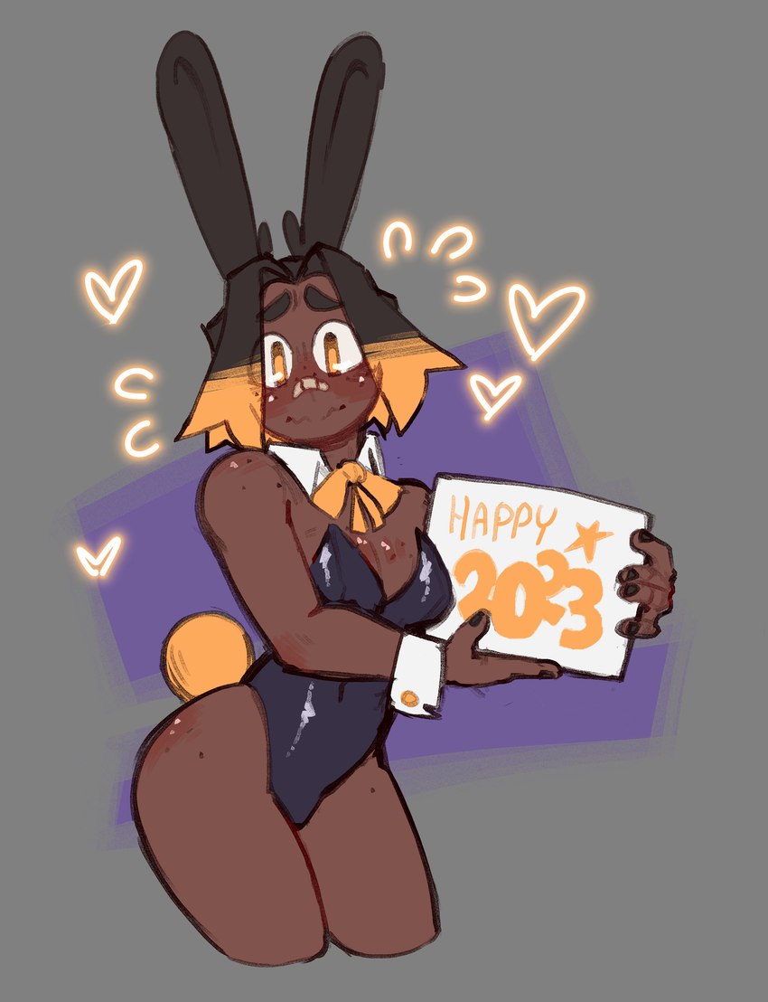 animal_ears band-aid band-aid_on_face band-aid_on_nose bandage bandage_on_face bandage_on_nose bangs black_clothing black_leotard breasts brown_eyebrows brown_hair bunny_costume cleavage clothed clothed_female clothed_humanoid clothing costume dark_body dark_skin eye_through_hair eyebrows female female_humanoid fingers hair heart_symbol holding_object holding_sign holidays leotard long_ears looking_at_viewer multicolored_hair navel_outline orange_hair orange_tail parted_bangs round_tail shirt_collar sign small_breasts solo tail text translucent translucent_hair two_tone_hair derpyfox_36 chinese_zodiac new_year new_year_2023 year_of_the_rabbit resso_(derpyfox_36) animal_humanoid humanoid lagomorph lagomorph_humanoid leporid_humanoid mammal mammal_humanoid rabbit_humanoid 2023 absurd_res digital_drawing_(artwork) digital_media_(artwork) hi_res