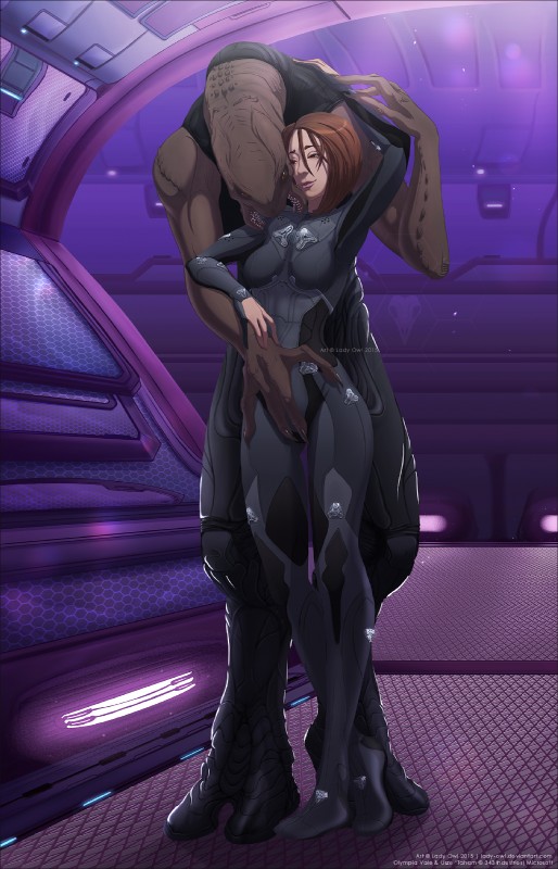 black_border border breasts brown_eyes brown_hair claws duo female hair interspecies larger_male male male/female size_difference smaller_female lady_owl bungie halo_(series) microsoft xbox_game_studios olympia_vale usze_'taham alien human mammal sangheili 2015 hi_res watermark