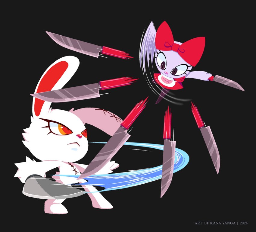 anthro black_background doll duo female fight knife red_bow simple_background stitch_(sewing) white_body kanayanga 2spot_studio bloody_bunny_(series) bloody_bunny bye-bye_kitten animate_inanimate domestic_cat felid feline felis lagomorph leporid living_doll mammal rabbit 2024 hi_res tagme