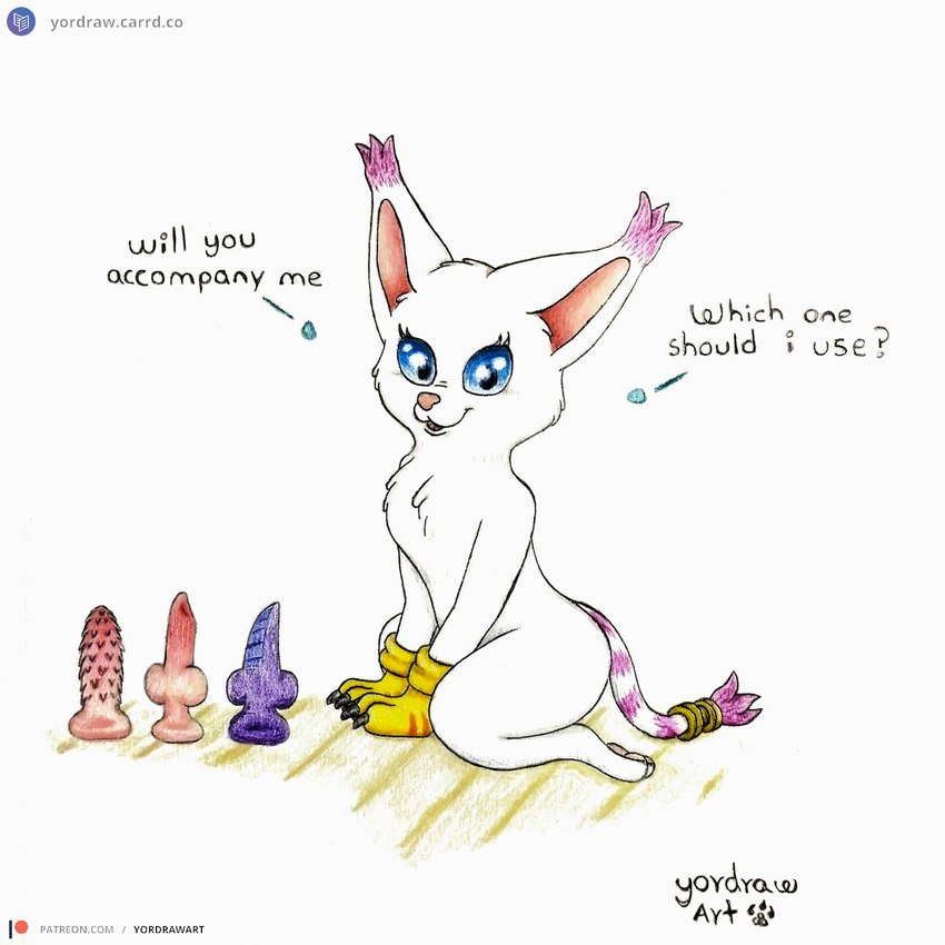 animal_dildo animal_sex_toy anthro bent_legs blue_eyes butt canine_dildo claws dildo feline_dildo female open_mouth open_smile patreon_logo patreon_username pawpads paws pink_dildo pink_nose sex_toy sitting sitting_on_ground smile smiling_at_viewer solo spread_legs spreading text yordraw bandai_namco digimon patreon digimon_(species) felid feline gatomon mammal 1:1 hi_res traditional_media_(artwork) url