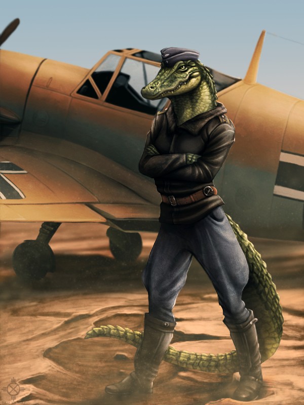 aircraft airplane ambiguous_gender anthro belt biped boots bottomwear clothed clothing crossed_arms day desert desolate dust footwear front_view fully_clothed green_body green_scales hat headgear headwear jacket leather leather_clothing leather_jacket leather_topwear looking_at_viewer outside pants propeller sand scales shoes smile solo standing topwear vehicle yellow_eyes cedarwolf alligator alligatorid crocodile crocodilian reptile scalie 2014 3:4 detailed full-length_portrait hi_res portrait