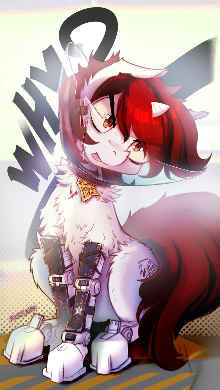 alternate_universe amputee annoyed armor black_hair close-up collar cutie_mark cybernetics disability female feral fluffy fluffy_chest fluffy_ears glass hair horn machine multicolored_hair note parody plastic red_eyes red_hair sigh solo text two_tone_hair unicorn_horn white_body mistleinn fallout_equestria hasbro my_little_pony mythology blackjack_(fallout_equestria) equid equine horse mammal mythological_creature mythological_equine pony unicorn absurd_res english_text hi_res