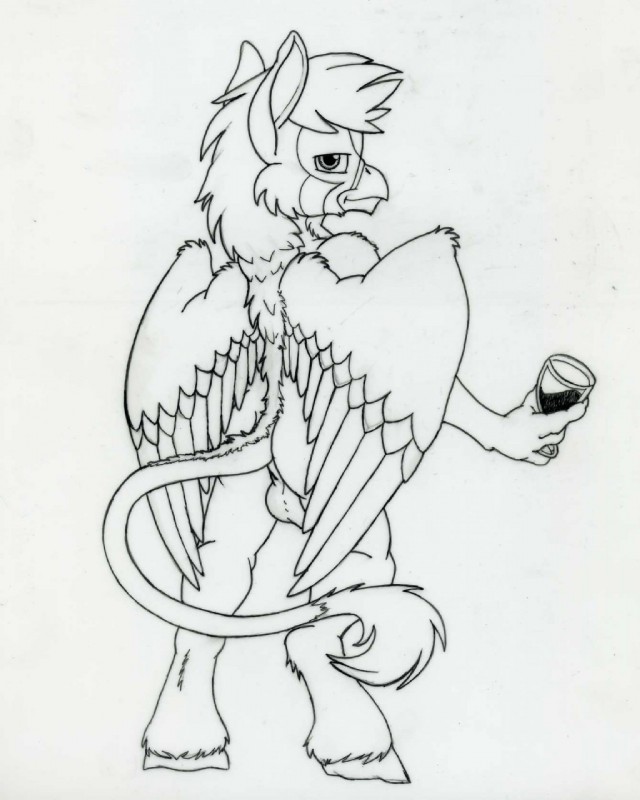 alcohol anthro backsack balls beak beverage biped butt feathered_wings feathers genitals glass holding_object hooves looking_at_viewer looking_back male naughty_face nude perineum rear_view solo standing wine wings petrock european_mythology greek_mythology mythology avian hippogriff mythological_avian mythological_creature 4:5 black_and_white hi_res line_art monochrome