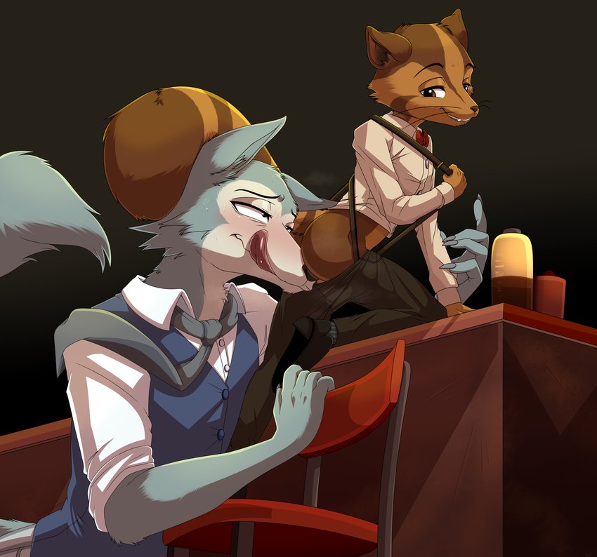 anthro butt butt_sniffing duo interspecies male male/male necktie scentplay size_difference sniffing suspenders tongue tongue_out enookie beastars deshico_(beastars) legoshi_(beastars) canid canine canis civet mammal viverrid wolf absurd_res hi_res