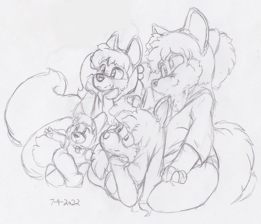 age_difference anthro clothed clothing family female group hair male older_female older_male tail younger_female younger_male kitsune_youkai celicia_(kitsune_youkai) firecat julian_(kitsune_youkai) kit_(kitsune_youkai) canid canine fox mammal red_fox true_fox 2022 hi_res monochrome