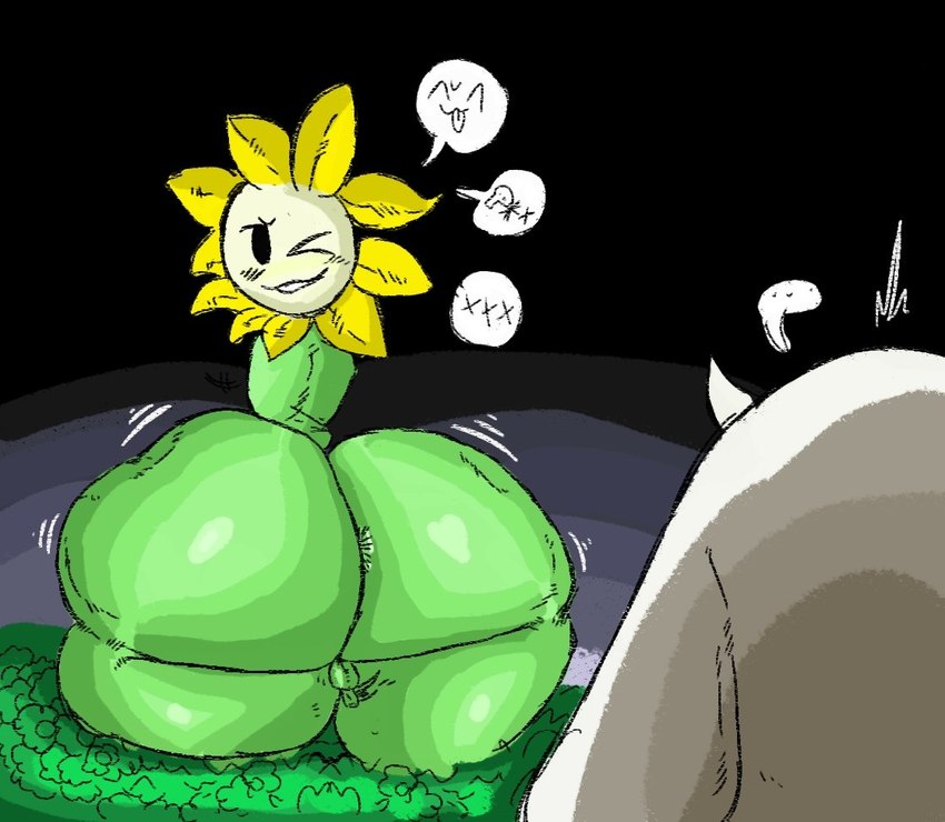 ambiguous_gender anthro balls big_butt butt butt_from_the_front duo femboy flower genitals grass huge_butt huge_hips huge_thighs male micropenis penis plant small_balls small_penis teasing teasing_look thick_thighs tiny_balls wide_hips winking_at_partner wobbling anothercat undertale undertale_(series) flowey_the_flower toriel elemental_creature flora_fauna flower_creature