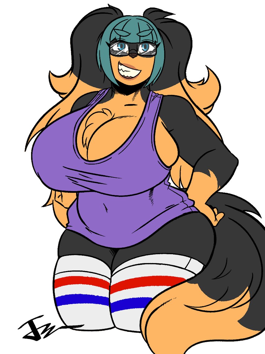 anthro big_breasts breasts cleavage clothed clothing eyewear female glasses hair huge_breasts solo kingjaguar zoey_(jwinkz) canid canine canis domestic_dog mammal 3:4 hi_res