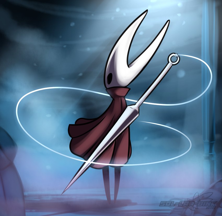 2_horns black_eyes black_legs cloak clothing female horn nail_(weapon) outside red_cloak red_clothing silk solo standing text weapon weapon_on_back white_head sol-lar-bink hollow_knight team_cherry hornet_(hollow_knight) arthropod 2019 artist_name digital_media_(artwork) english_text hi_res