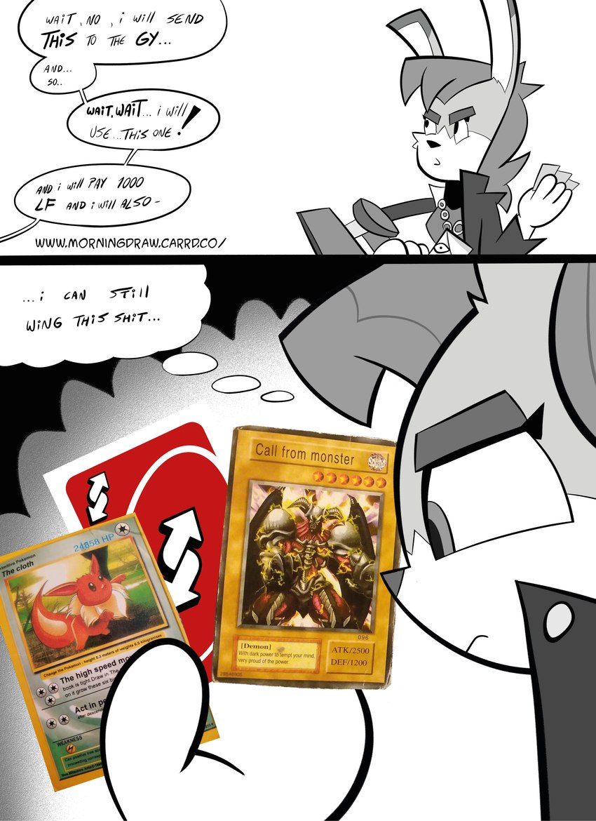 anthro card_game dialogue duel_disk duel_monster_cards female gaming meme_face millennium_puzzle solo text trading_card_game uno_card sebaku bootleg nintendo pokemon pokemon_tcg uno_reverse_card yu-gi-oh! jelly-limos yugi_muto lagomorph leporid mammal rabbit absurd_res comic english_text hi_res meme