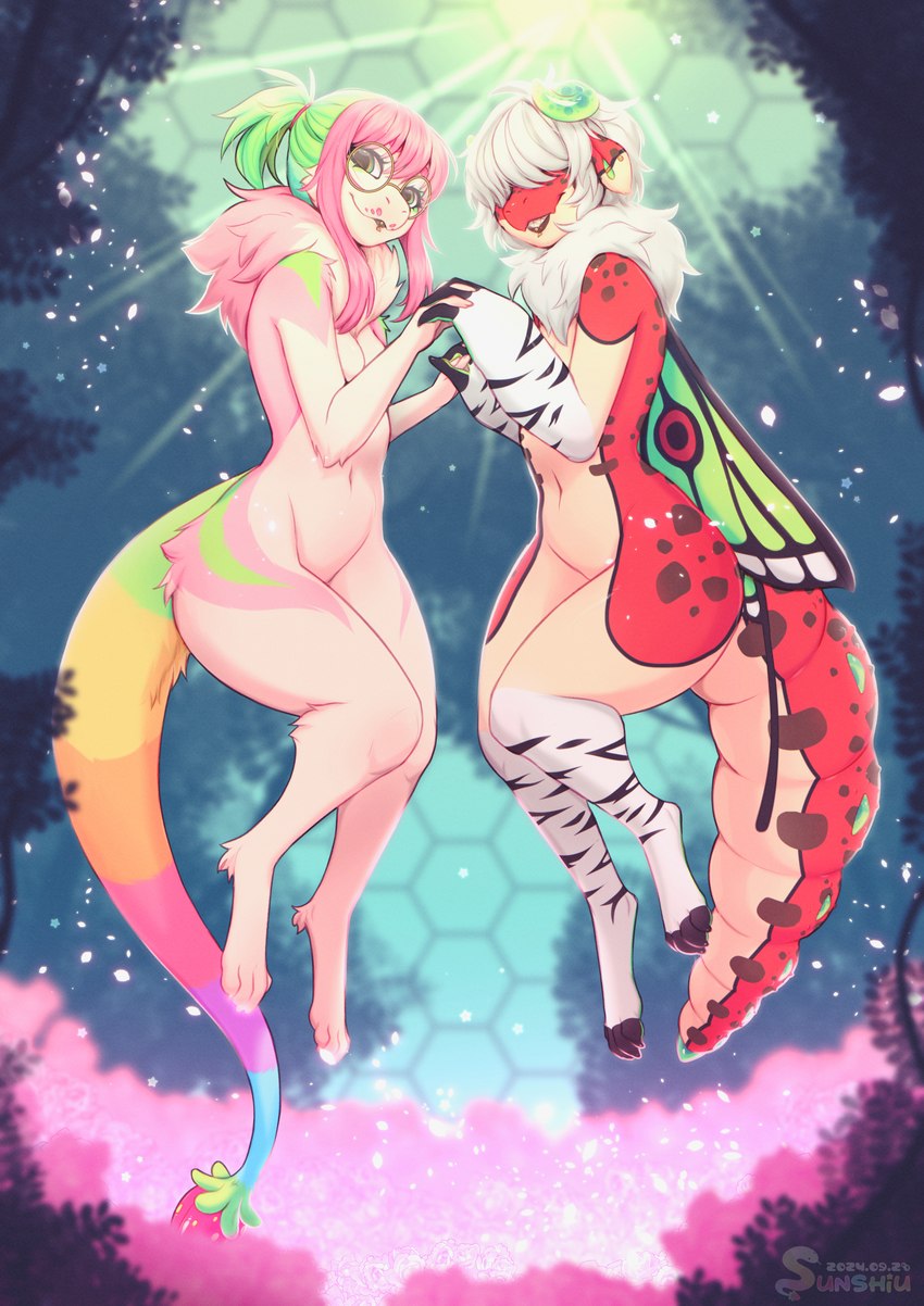 anthro duo female nature nature_background sunshiu milky_(sunshiu) silky_(sunshiu) arthropod ball_python gecko hybrid insect lepidopteran lizard moth python python_(genus) reptile scalie snake absurd_res hi_res trans_(lore)