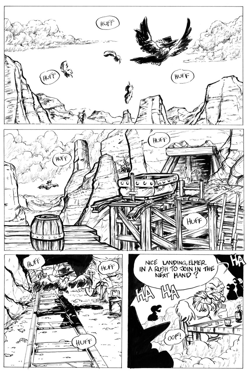 anthro dialogue flying group male mine mountain sky western wild_west jamil_gonzalez the_tale_of_jasper_gold accipitriform avian bird vulture comic hi_res monochrome