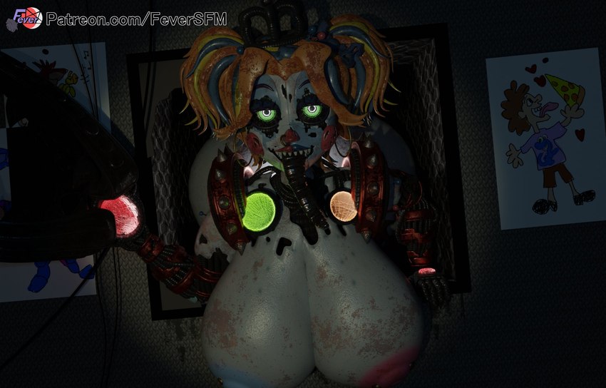 big_breasts blue_nipples breasts drawing drawing_(object) exposed_breasts eyebrows female green_eyes hair in_vent lights looking_at_viewer machine march_(month) mismatched_nipples nipples pink_nipples poster red_cheeks red_nose robot_arm rust solo text tongue tongue_out vent feversfm five_nights_at_freddy's scottgames sister_location scrap_baby_(fnaf) animatronic robot 2024 3d_(artwork) digital_media_(artwork) hi_res url watermark