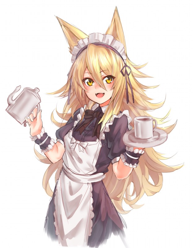 accessory arm_garter blonde_hair bow_apron bow_maid_headdress clothed clothing container cup cute_fangs eyelashes female garter hair holding_object long_hair maid_headdress maid_uniform neck_bow open_mouth plate simple_background solo string_bow uniform white_background yellow_eyes dio_uryyy animal_humanoid canid canid_humanoid canine canine_humanoid fox_humanoid humanoid mammal mammal_humanoid absurd_res hi_res