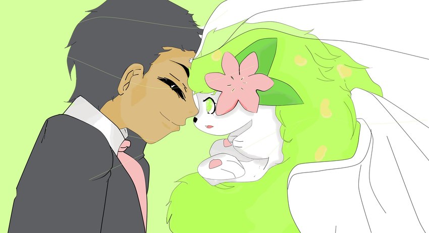 accessory bride duo eyes_closed female feral flower flower_in_hair foreheads_touching green_background green_eyes green_hair groom hair hair_accessory happy interspecies long_hair looking_at_another looking_at_partner male necktie paws plant pokephilia simple_background smile wedding wedding_veil renv nintendo pokemon generation_4_pokemon human land_forme_shaymin legendary_pokemon mammal pokemon_(species) shaymin 2021 flat_colors hi_res