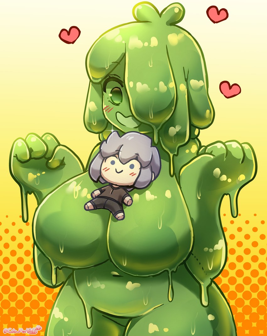 big_breasts breasts dialogue female gradient_background green_body green_eyes green_hair hair hair_over_eye hearts_around_head looking_at_plushie monotone_body navel object_on_breast open_mouth orange_background plushie simple_background smile solo w_arms yellow_background morbidlycutecrunch goo_creature goo_humanoid humanoid absurd_res hi_res