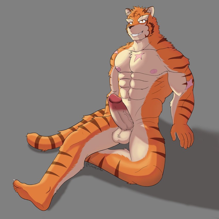 abs anthro balls barefoot bodily_fluids erection feet fur genital_fluids genitals grey_background humanoid_genitalia humanoid_hands humanoid_penis male muscular muscular_anthro muscular_male nipples nude orange_body orange_fur pecs penis precum simple_background sitting sitting_on_ground smile solo stripes toes ghostcatmar knights_college grantly_bell felid feline mammal pantherine tiger 1:1 hi_res