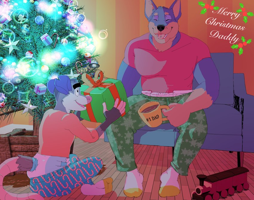 ageplay anthro biped blue_bottomwear blue_clothing blue_sofa bottomwear candy_cane_pattern christmas_clothing christmas_decorations christmas_ornament christmas_present christmas_tree clean_diaper clothed clothing container cup detailed_background diaper duo eyes_closed footwear furniture gift green_bottomwear green_clothing holidays infantilism long_tail male muscular muscular_anthro muscular_male on_sofa open_mouth open_smile plant red_clothing red_shirt red_topwear roleplay shirt sitting sitting_on_ground sitting_on_sofa smile snowflake_pattern socks sofa tail teeth text topwear toy_train tree wearing_diaper white_clothing white_footwear white_socks yellow_clothing yellow_footwear yellow_socks daire301 christmas pupserif canid canine canis domestic_dog mammal 2020 digital_media_(artwork) english_text hi_res