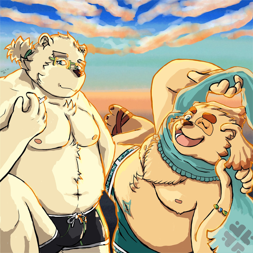 anthro belly bulge clothing duo eyewear glasses humanoid_hands kemono male moobs nipples one_eye_closed overweight overweight_male swimwear wink nigauritaruto lifewonders tokyo_afterschool_summoners cu_sith_(tas) leib_(tas) bear canid canine canis domestic_dog mammal polar_bear ursine 1:1 2021 hi_res