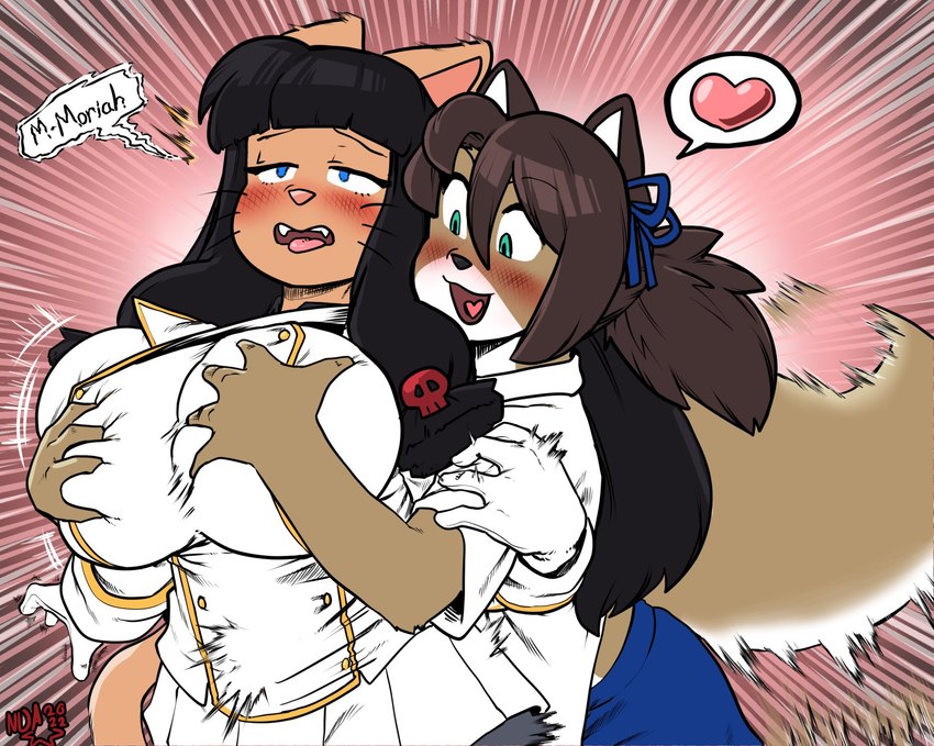 ahegao anthro big_breasts black_hair blue_eyes breast_grab breasts brown_hair clothing duo female female/female gloves green_eyes grope groping_from_behind hair hand_on_breast handwear heart_symbol looking_pleasured military_uniform smile speech_bubble uniform white_clothing white_gloves white_handwear noahdoesart moriah_(noahdoesart) yiski_(noahdoesart) domestic_cat felid feline felis mammal hi_res