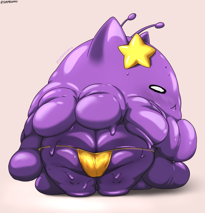 blush bodily_fluids butt clothing female panties purple_slime short_legs shy simple_background slime solo thick_thighs underwear superbinario nimu alien goo_creature humanoid hybrid absurd_res hi_res