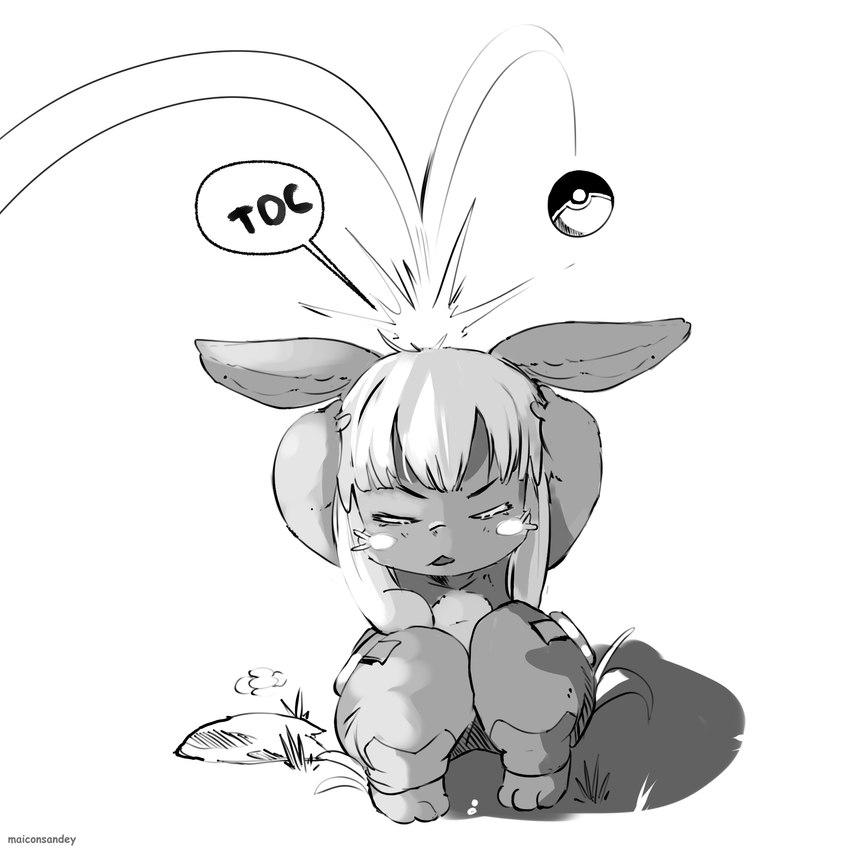 ambiguous_gender annoyed anthro bangs clothed clothing crouching ears_down grass holding_head humor partially_clothed pivoted_ears plant pokeball whiskers maiconsandey made_in_abyss nintendo pokemon nanachi humanoid lagomorph leporid mammal narehate rabbit black_and_white digital_media_(artwork) hi_res monochrome