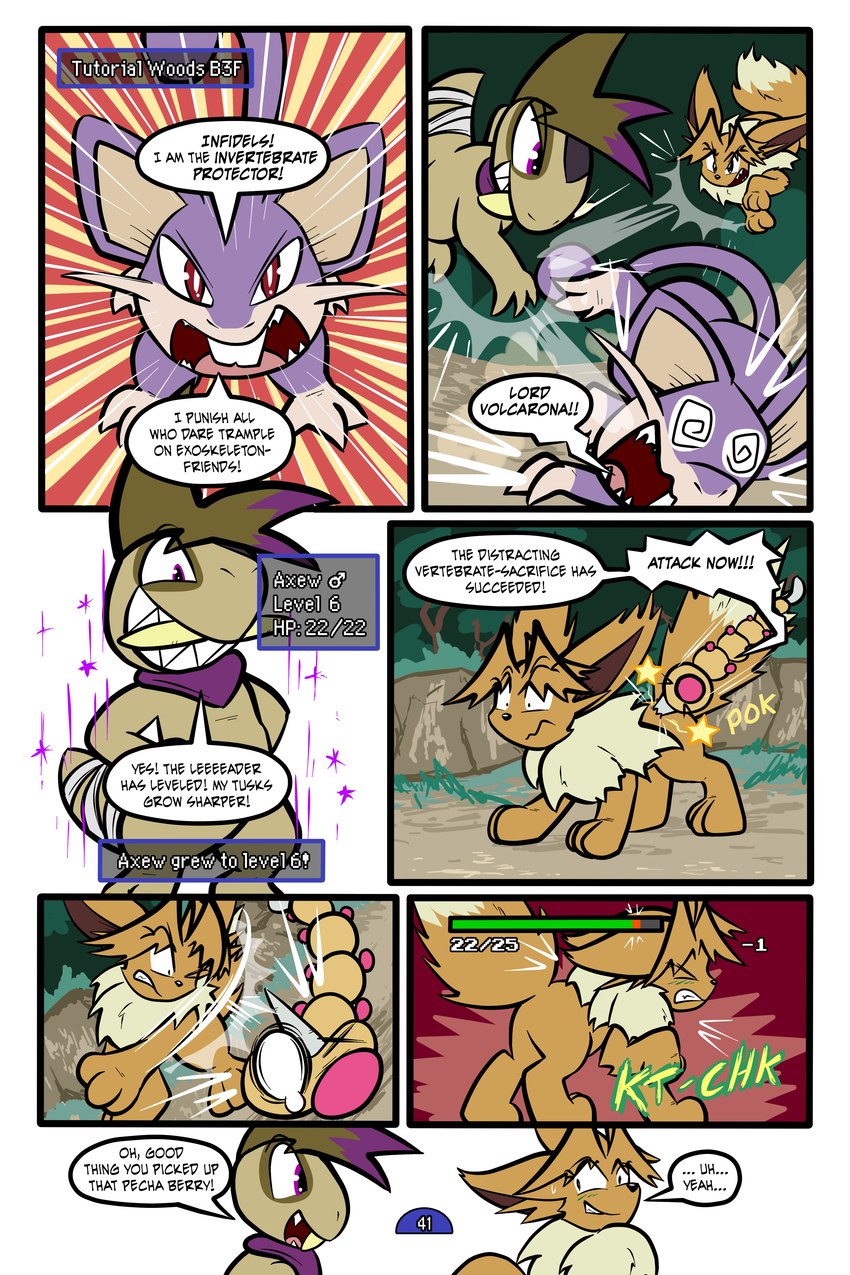 5_panel_comic ambiguous_gender attack battle biped black_eyes black_nose black_text bodily_fluids brown_body brown_fur brown_hair claws clenched_teeth dialogue dizzy_eyes ellipsis exclamation_point eye_through_hair eyebrows eyelashes eyes_closed feral fluffy fluffy_tail forest fur gameplay_mechanics group gui hair health_bar jewelry looking_at_another motion_lines mouth_closed necklace on_ground one_eye_closed open_mouth open_smile outside page_number paws plant pupils purple_body purple_eyes purple_scarf quadruped red_eyes scarf sharp_teeth smile sound_effects sparkles speech_bubble standing stinger sweat sweatdrop tail talking_to_another tears teeth text text_box tongue toony translucent translucent_hair tree tusks white_pupils white_sclera x_eye virmir nintendo pokemon pokemon_mystery_dungeon spike_chunsoft virmir_(character) zinc_(zincxiron) axew eevee generation_1_pokemon generation_5_pokemon pokemon_(species) rattata weedle 2025 2:3 absurd_res comic english_text hi_res male_(lore)