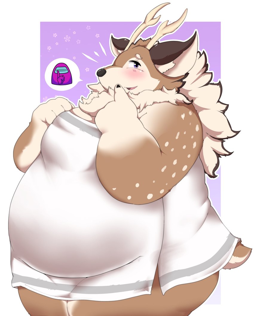 anthro blush brown_body kemono male obese obese_anthro obese_male overweight overweight_anthro overweight_male simple_background solo towel kusosensei among_us innersloth tamacolle crewmate_(among_us) kazusa deer mammal 2022 hi_res