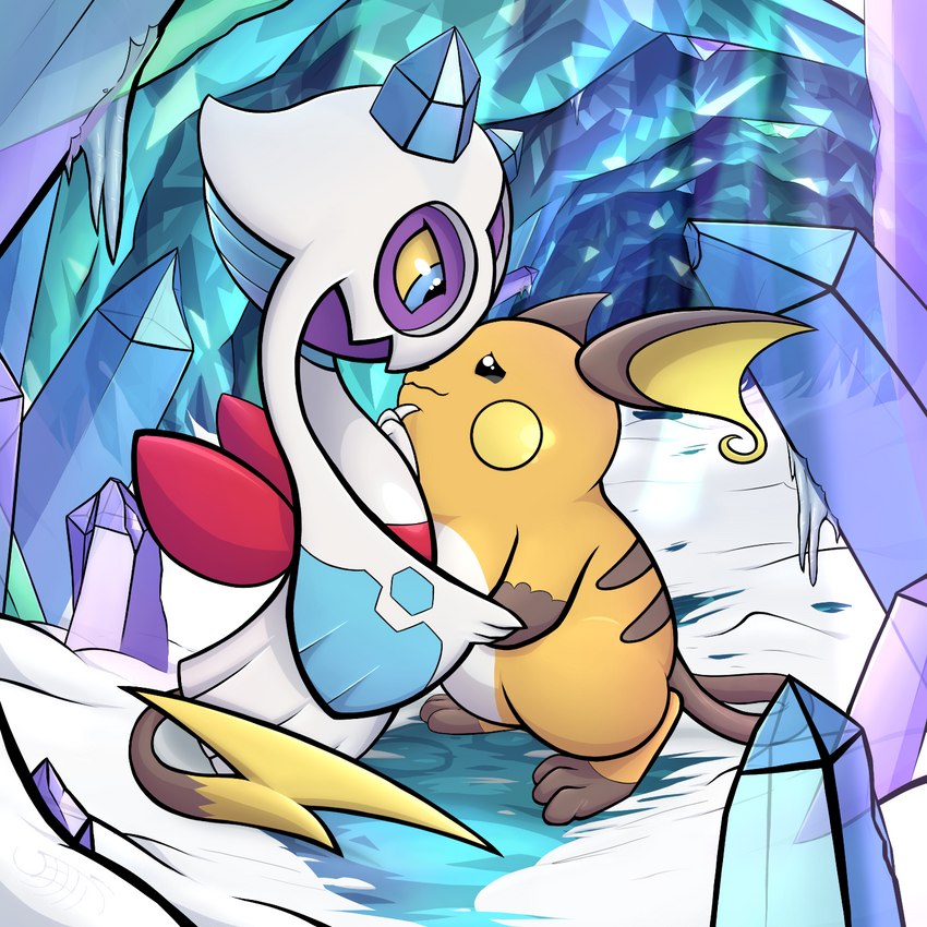 ambiguous_gender anthro cave crystal detailed_background duo finger_on_chin hand_holding ice ice_cave light light_beam looking_at_another snow tail_around_partner jellli nintendo pokemon froslass generation_1_pokemon generation_4_pokemon pokemon_(species) raichu 1:1 2022 hi_res shaded