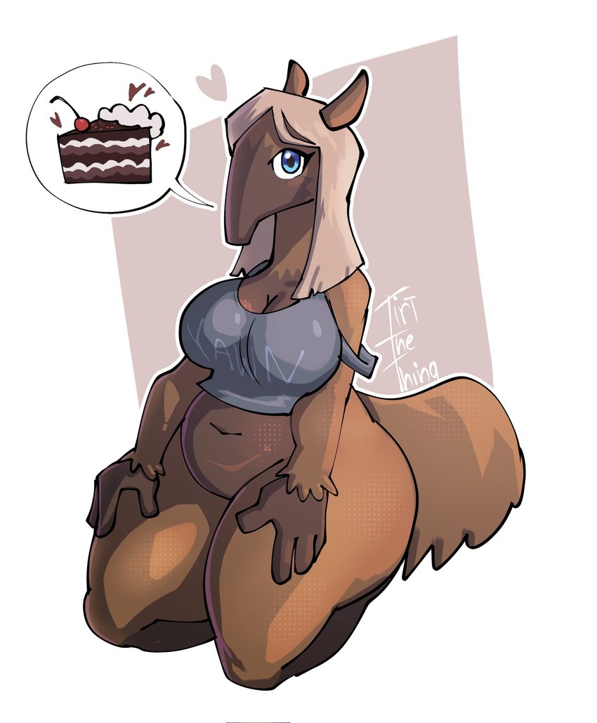 anthro belly big_breasts big_butt blue_eyes bottomless breasts butt cake cherry clothed clothing clothing_lift dessert female food fruit hair hands_on_legs hands_on_thighs heart_symbol kneeling long_hair navel plant shirt shirt_lift solo speech_bubble tail text thick_thighs topwear tirtthething anteater mammal pilosan xenarthran english_text hi_res signature