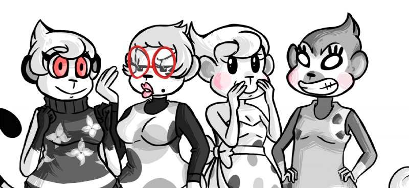 anthro blush breasts clothed clothing eyewear female glasses group hair hands_on_hips simple_background smile white_background inkyfrog animal_crossing nintendo elise_(animal_crossing) nana_(animal_crossing) shari_(animal_crossing) tammi_(animal_crossing) cebid haplorhine mammal monkey new_world_monkey primate squirrel_monkey 2016