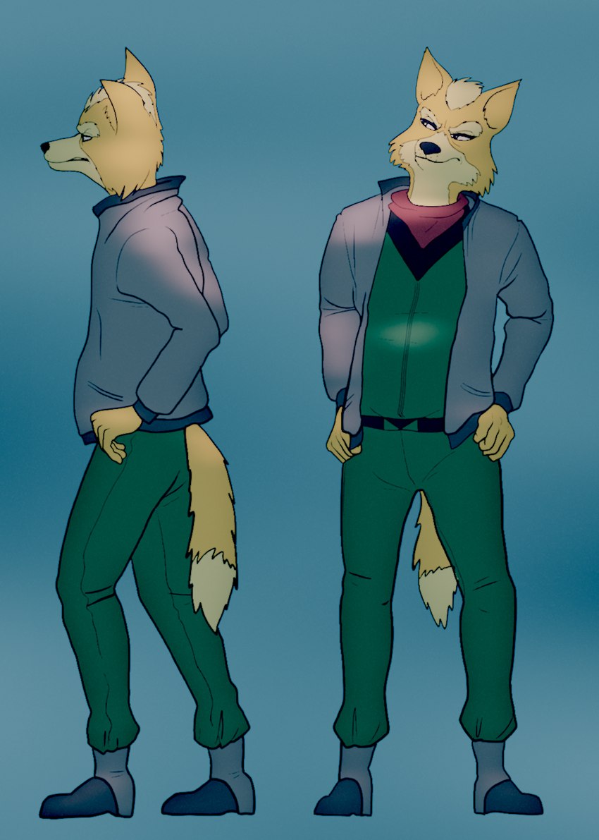 anthro black_nose blonde_hair clothed clothing fully_clothed fur hair hands_on_hips looking_away male multicolored_body multicolored_fur pose simple_background solo yellow_body yellow_fur fredryk_phox a_fox_in_space nintendo star_fox fox_mccloud canid canine fox mammal hi_res