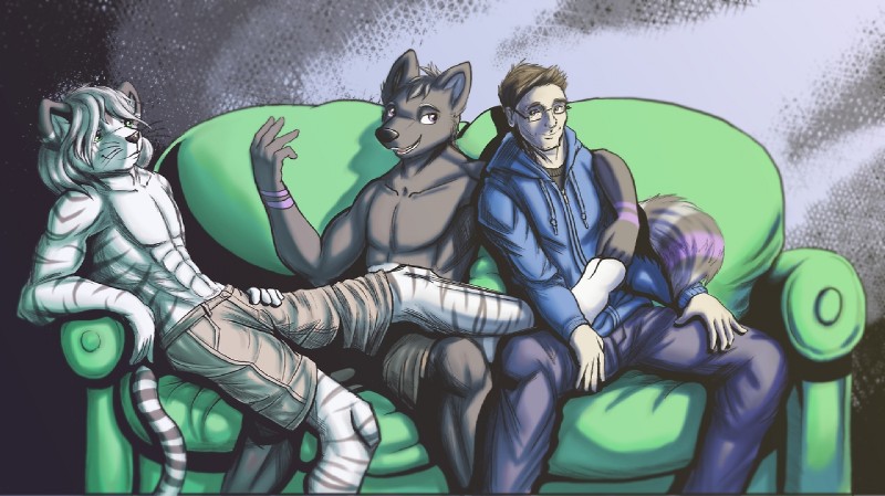 2_toes anthro chill clothed clothing eyewear feet fur furniture glasses group hug male smile sofa stripes toes topless boneitis javelin_nightpaw sakuri_rainne canid canine canis felid human hybrid mammal pantherine procyonid raccoon tiger wolf