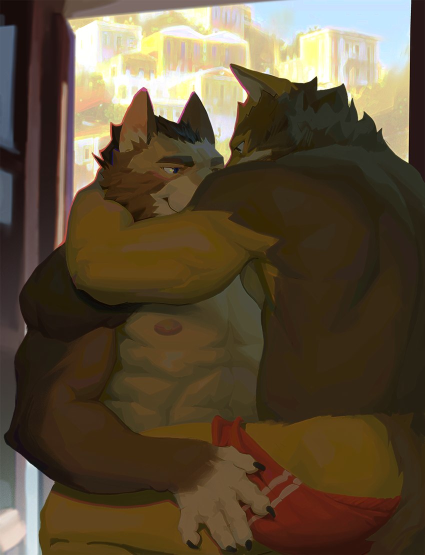 anthro bottomwear bottomwear_pull clothing clothing_pull duo fur hug hugging_another intimacy male male/male muscular nipples shorts shorts_pull red8ean beau_(red8ean) hi_res