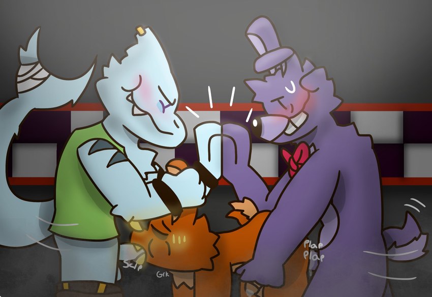 anthro bodily_fluids cum ear_piercing ear_ring fellatio fur genital_fluids genitals gesture group high_five male male/male nude oral orange_body orange_fur penile penis piercing ring_piercing sex spitroast submissive tail trio jack_the_bunny five_nights_at_freddy's scottgames bonnie_(fnaf) rex_the_shark_(character) fish lagomorph leporid mammal marine rabbit shark hi_res