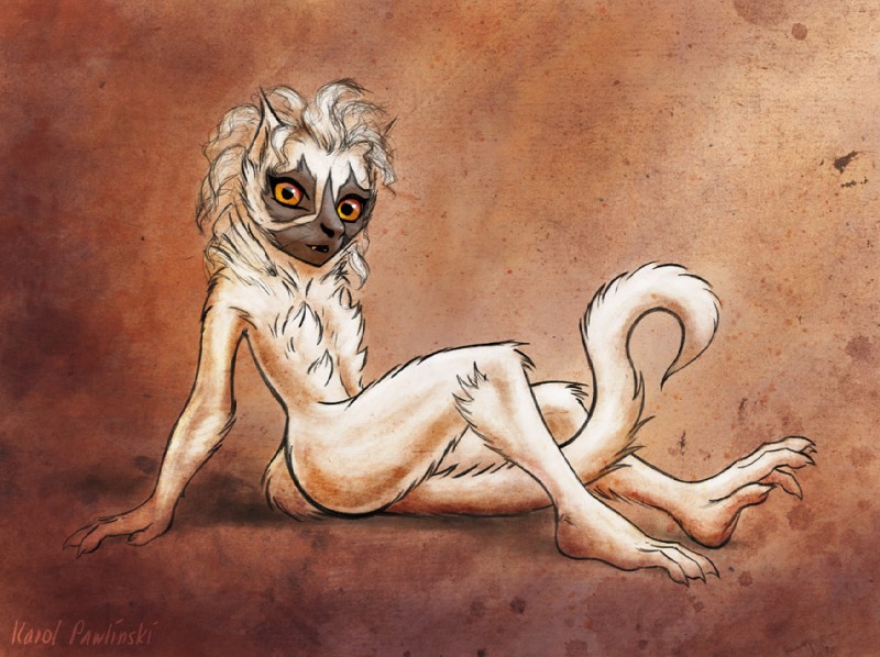 female looking_at_viewer nude orange_sclera pose reclining simple_background solo tail textured_background karol_pawlinski lemur mammal primate sifaka silky_sifaka strepsirrhine restricted_palette signature