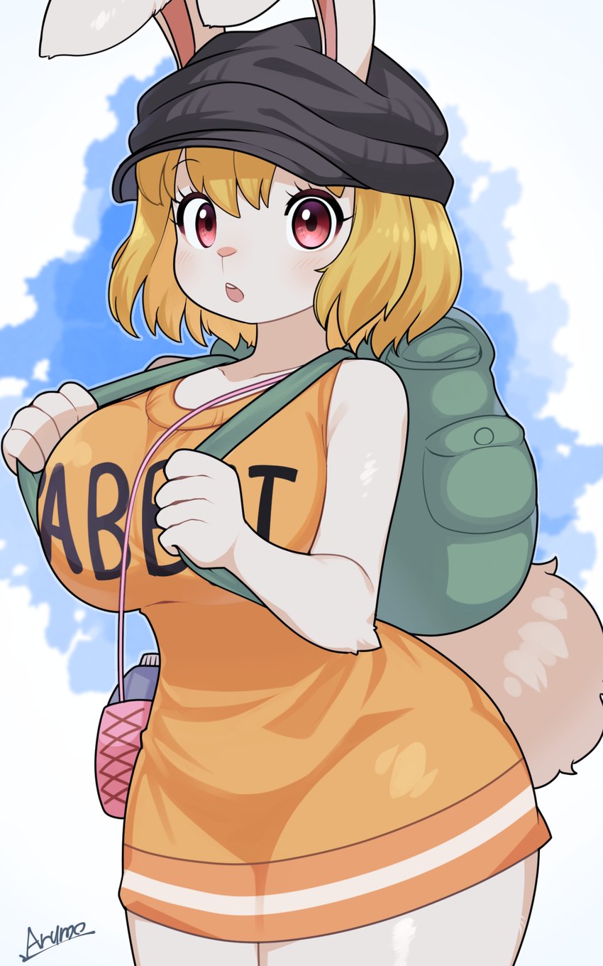 5_fingers anthro backpack big_breasts big_butt blonde_hair breasts butt clothed clothing curvy_figure eyelashes female fingers hair hat headgear headwear hourglass_figure looking_at_viewer open_mouth short_hair solo tail text text_on_clothing thick_thighs wide_hips arumo one_piece carrot_(one_piece) lagomorph leporid mammal minkmen_(one_piece) rabbit 2024 5:8 absurd_res artist_name hi_res