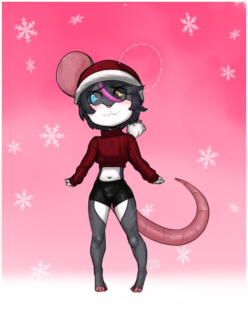 anthro blush clothing crop_top femboy heterochromia holidays male shirt snowflake_pattern solo topwear masamaki christmas nico_(labrattt) mammal murid murine rat rodent absurd_res hi_res