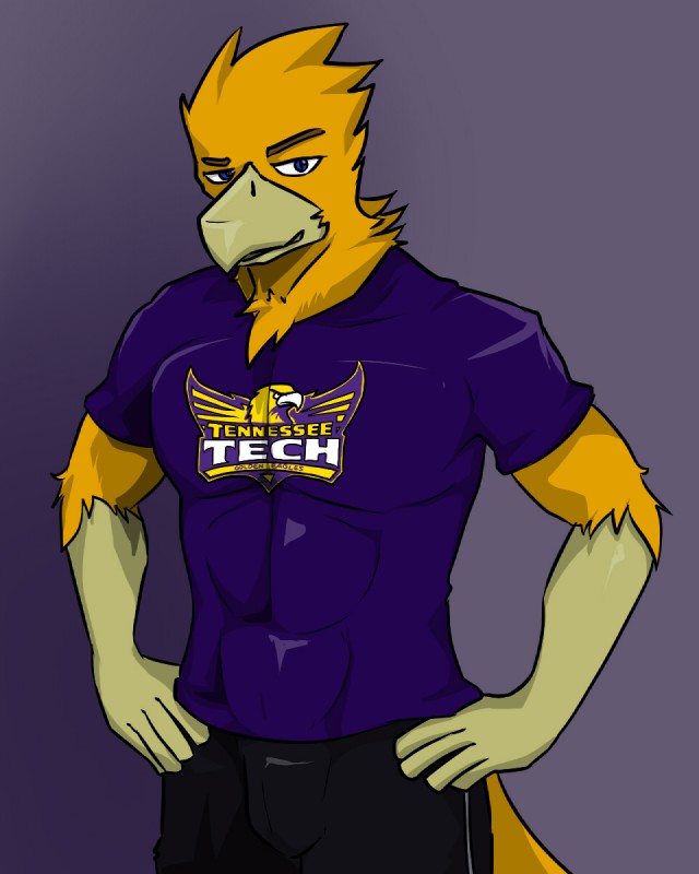 5_fingers abs anthro beak bedroom_eyes black_bottomwear black_clothing black_shorts blue_eyes bottomwear bulge chest_tuft clothing eyebrows feathers fingers gradient_background hands_on_hips lidded_eyes looking_at_viewer male mascot muscular muscular_anthro muscular_male narrowed_eyes orange_body orange_feathers pecs purple_background purple_clothing purple_eyes purple_shirt purple_topwear raised_eyebrow seductive shirt shorts simple_background solo topwear tuft arrwulf college_football ncaa tennessee_tech_golden_eagles tennessee_technological_university awesome_eagle accipitrid accipitriform avian bird eagle golden_eagle true_eagle 4:5 hi_res