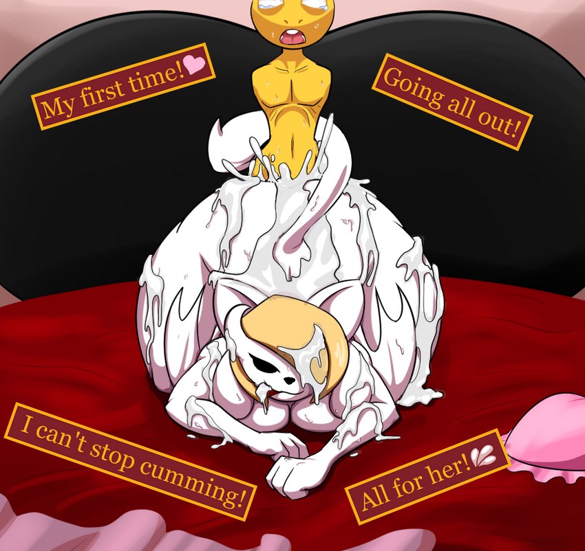 anthro bed big_breasts bodily_fluids breasts cum cum_in_pussy cum_inside defloration duo excessive_cum excessive_genital_fluids female furniture genital_fluids heart_symbol inside male male/female text king_of_sorrow_(artist) deltarune undertale undertale_(series) monster_kid temmie_(undertale) canid canine demon felid feline lizard mammal reptile scalie tem english_text