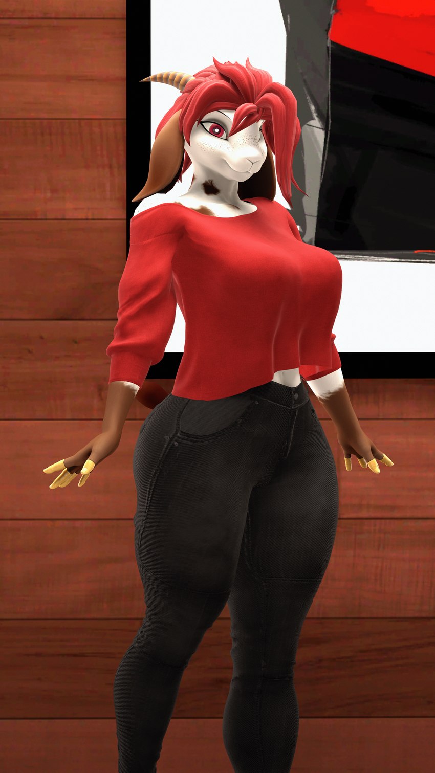 5_fingers anthro big_breasts black_bottomwear black_clothing black_pants bottomwear breasts brown_body brown_fur clothing female fingerless_(marking) fingers fur hair horn looking_at_viewer multicolored_body multicolored_fur pants red_clothing red_eyes red_hair red_topwear solo standing thick_thighs topwear two_tone_body two_tone_fur white_body white_fur conditional_dnp domibun warfare_machine ali_(domibun) warfare_goat bovid caprine goat mammal 2023 3d_(artwork) 4k 9:16 absurd_res digital_media_(artwork) hi_res source_filmmaker_(artwork)