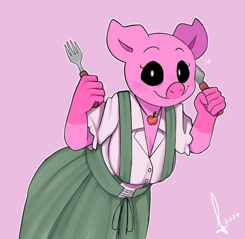 anthro bent_over black_sclera clothing cutlery dress eyelashes female fork green_clothing green_dress holding_fork holding_knife holding_object jewelry kitchen_utensils knife necklace pink_background pink_body pink_ears pink_nose shirt simple_background smile solo tan_clothing tan_shirt tan_topwear tools topwear white_eyes samirachuni mob_entertainment poppy_playtime smiling_critters pickypiggy critters_(poppy_playtime) domestic_pig mammal suid suine sus_(pig) 2024 digital_media_(artwork) hi_res signature