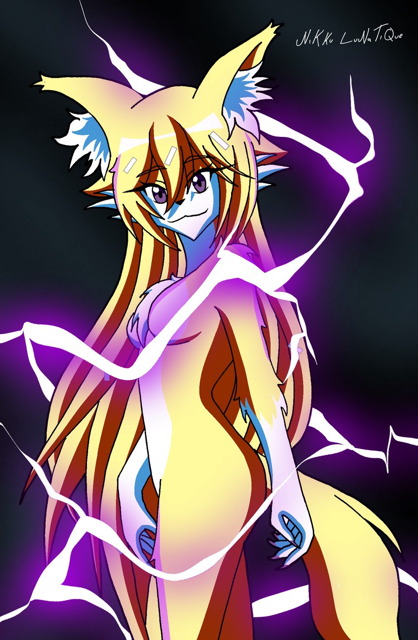 anthro blonde_hair breasts chest_tuft claws dandruff electricity electricity_manipulation elemental_manipulation featureless_breasts female fur hair inner_ear_fluff lightning long_hair looking_at_viewer nude purple_claws purple_eyes smile solo tail tuft white_body white_fur yellow_body yellow_fur nikku_lunatique ouko_furinji canid canine canis fox mammal hi_res