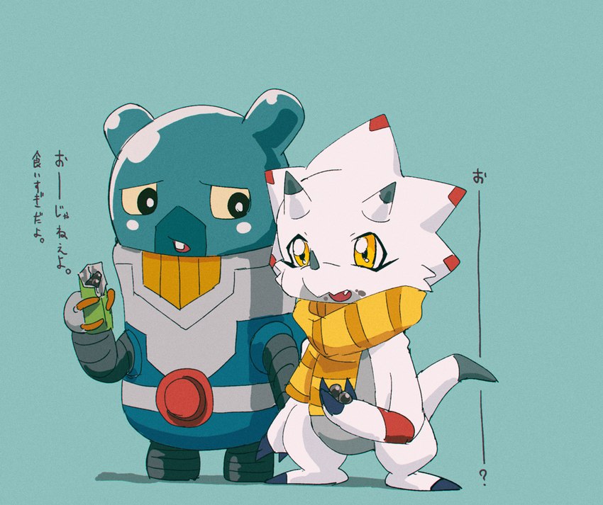 anthro blue_body candy chocolate claws dessert duo food jet_pack male scarf text white_body yellow_eyes kubota_keita bandai_namco digimon digimon_ghost_game digimon_(species) espimon gammamon goo_creature japanese_text translation_request