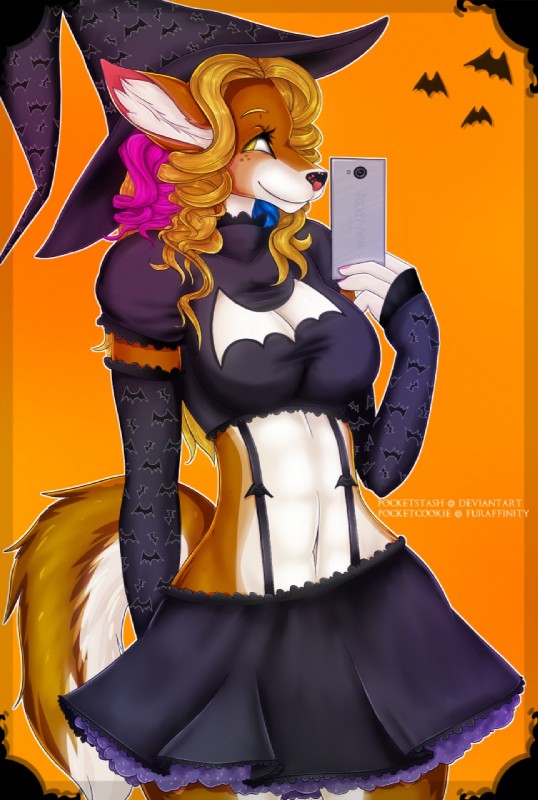 anthro clothed clothing electronics female looking_at_viewer navel phone selfie smile solo wide_hips pocketcookie canid canine mammal hi_res