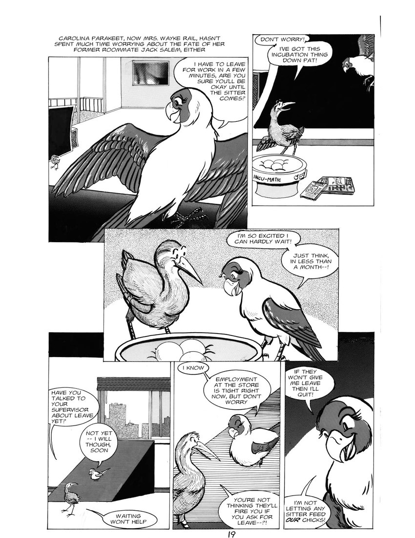 beak dialogue duo female feral flying happy husband_and_wife inside male married_couple speech_bubble text roz_gibson avian bird parrot species_request 1989 2021 black_and_white comic english_text hi_res monochrome